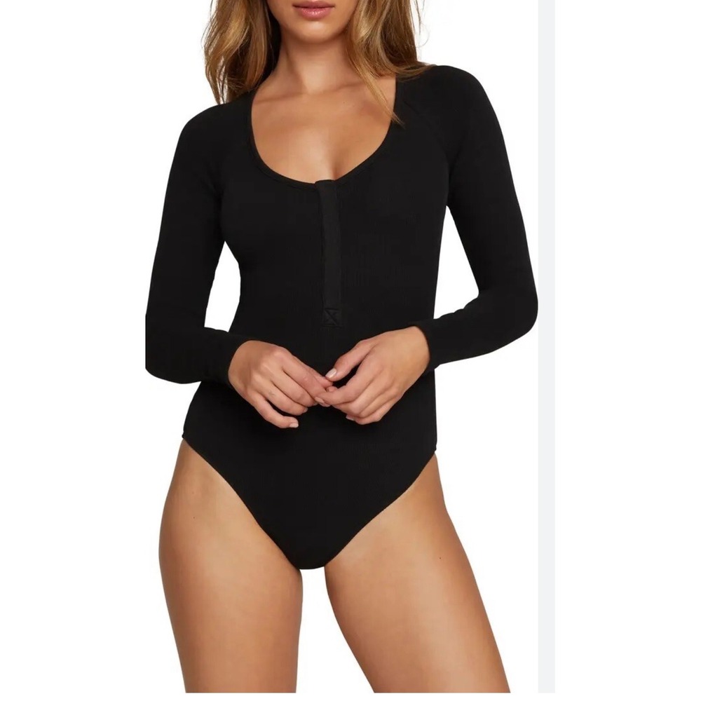 Good American Black Long Sleeve Bodysuit Snap Henley Neckline XL